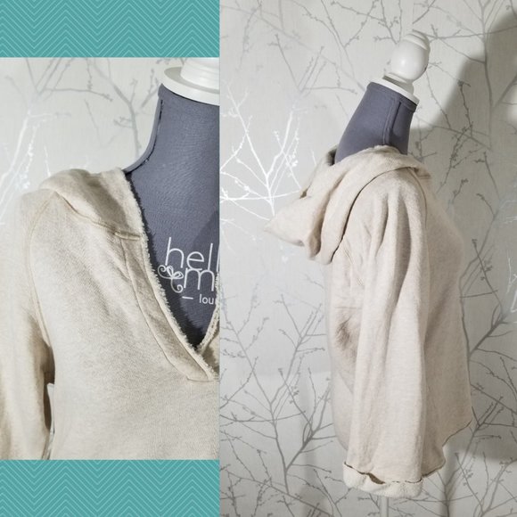 AIKO Oatmeal Beige Supima Modal Blend V-Neck Pullover Hoodie - Picture 3 of 4